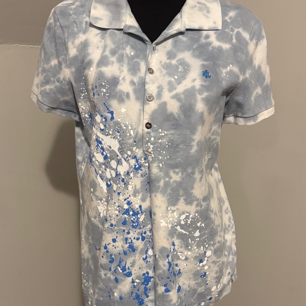Lauren Ralph Lauren Gray /blue  White Polo Shirt large paint splashes tie dye
